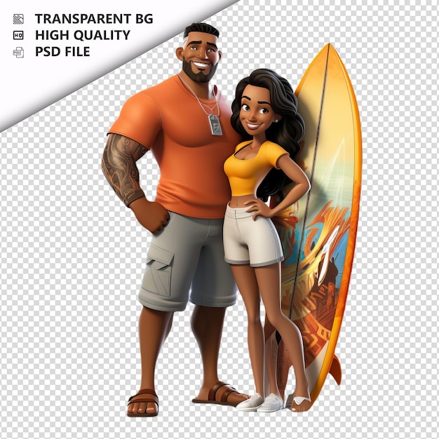 PSD black couple surfing 3d cartoon style white background is