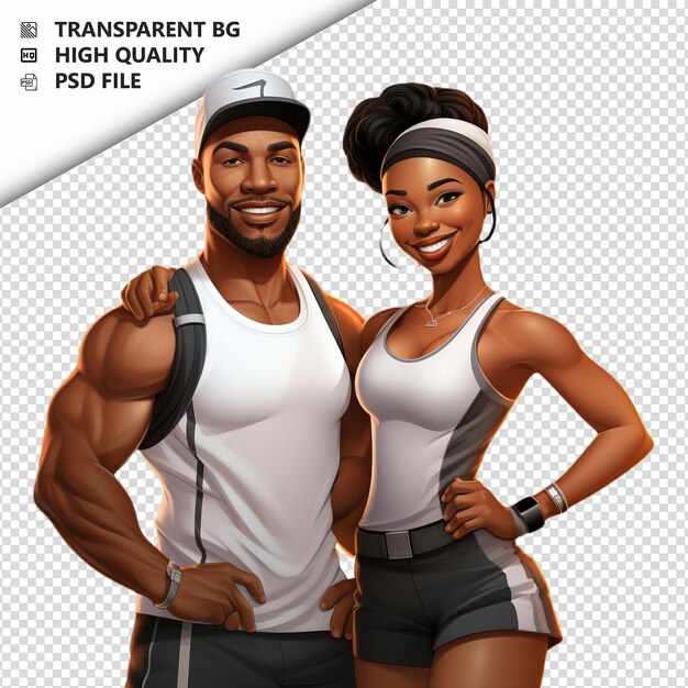 PSD black couple training 3d cartoon style white background i