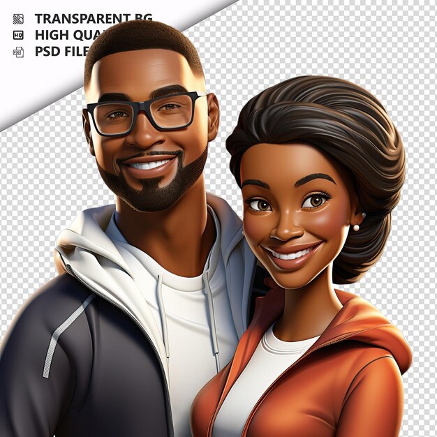 PSD black couple training 3d cartoon style white background i