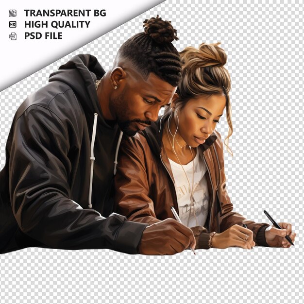 PSD black couple writing ultra realistic style white backgrou