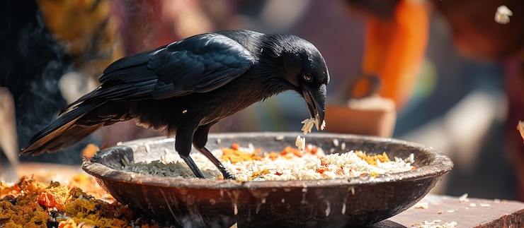 PSD black crow eating from a bowl