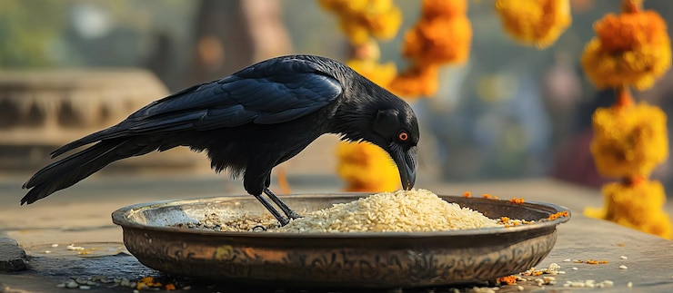 PSD black crow feeding on rice
