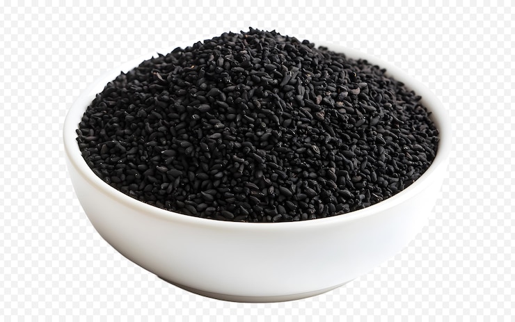 PSD black cumin seeds in a white bowl on a transparent background