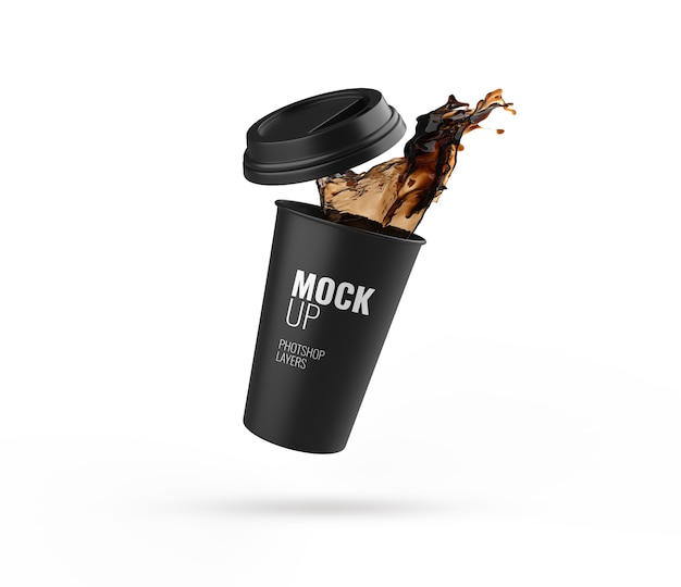 Black cup splash isolated mockup 3d rendering realistic