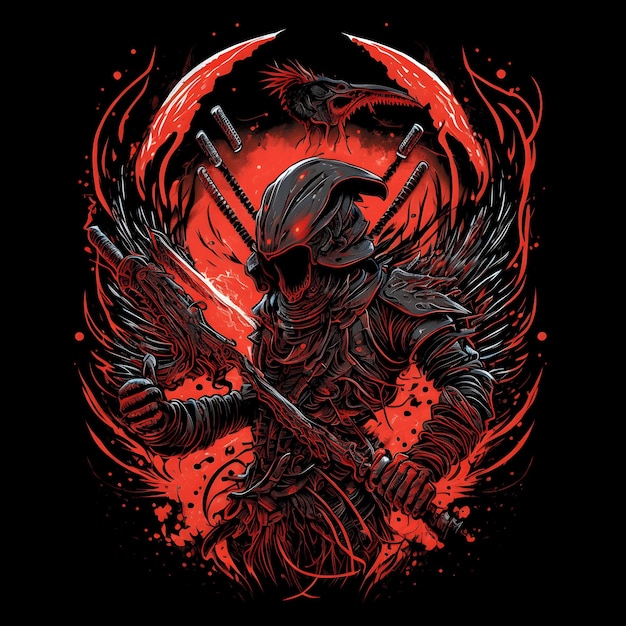 PSD black death samurai on black background 4096px png painting art style for tshirt clipart design