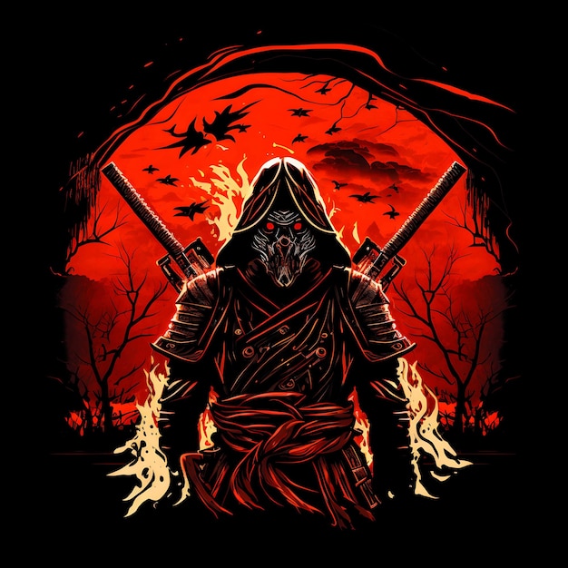 Black Death samurai op zwarte achtergrond 4096px PNG Transparante kunststijl voor t-shirt clipart ontwerp