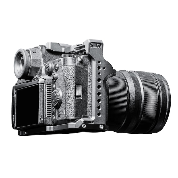 Black digital camera with telephoto lens