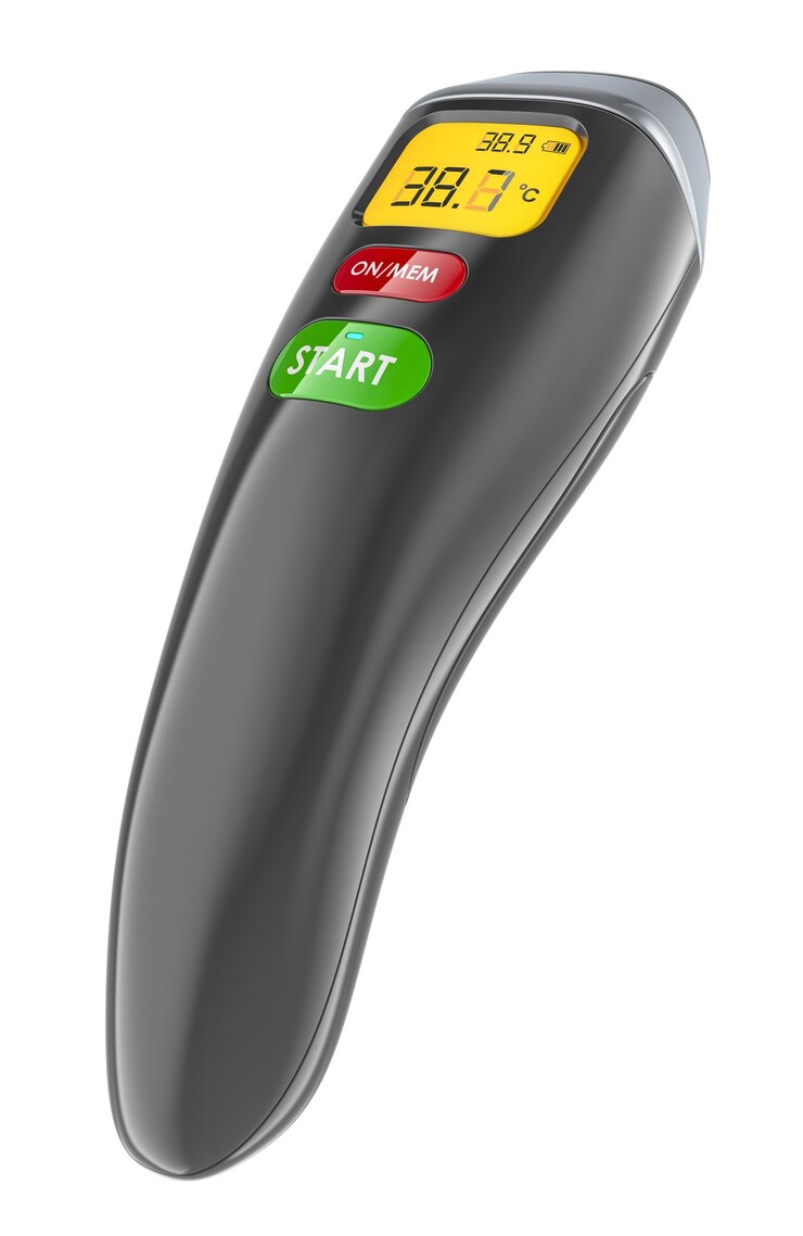 PSD black digital infrared thermometer noncontact baby thermometer 3d rendering isolated on transparent background