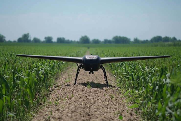 PSD black drone on a dirt path in a green field