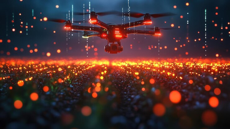 PSD a black drone with red lights flies over a field of red lights