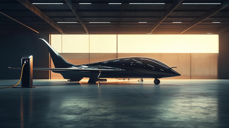 PSD black electric private jet charging in hangar at sunset