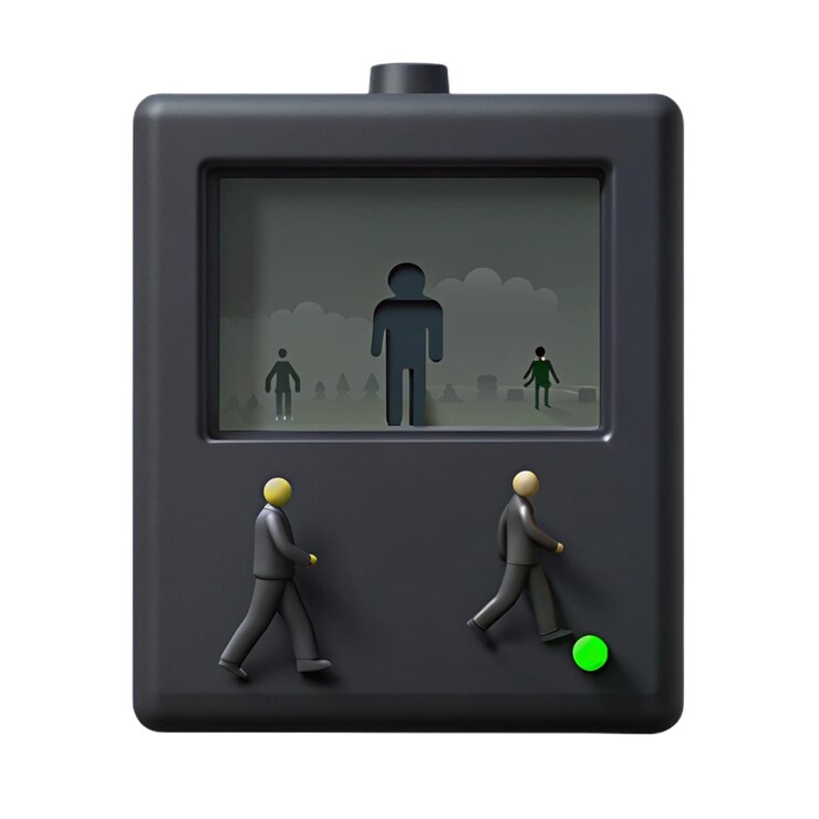PSD a black electronic device with people walking in the middle