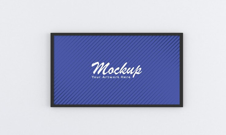 Black empty frame mockup on gray wall