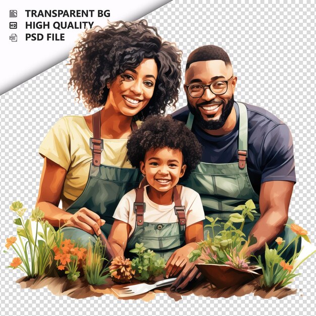 Black family gardening ultra realistic style white backgr