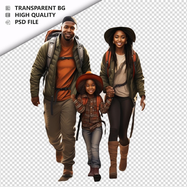 PSD black family hiking ultra realistic style white backgroun