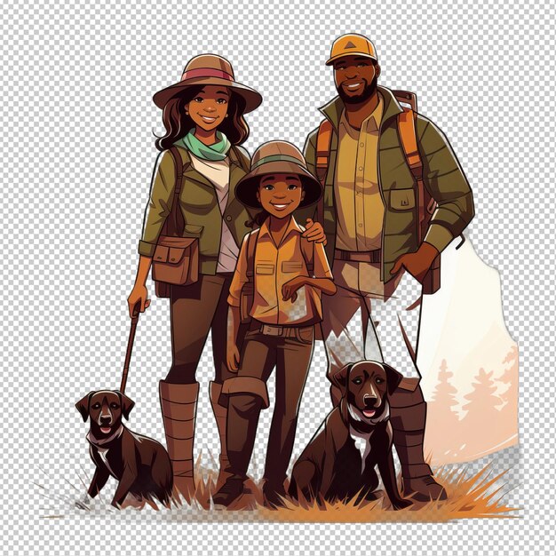 Black family hunting 3d cartoon style sullo sfondo trasparente è