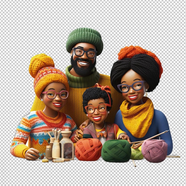 Black Family Knitting 3D Cartoon Style transparent background i