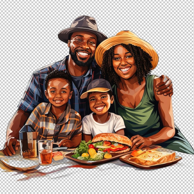 PSD black family picnicking 3d cartoon style transparent background