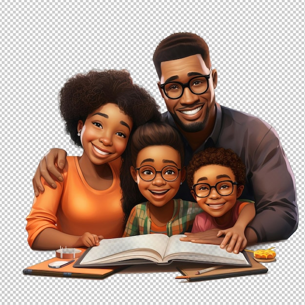 PSD black family studying 3d cartoon style transparent background i