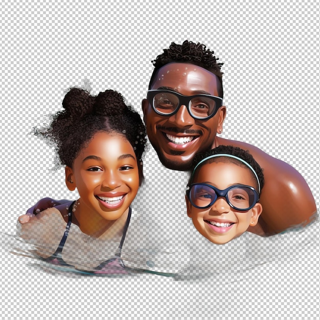 PSD black family swimming 3d cartoon style transparent background i