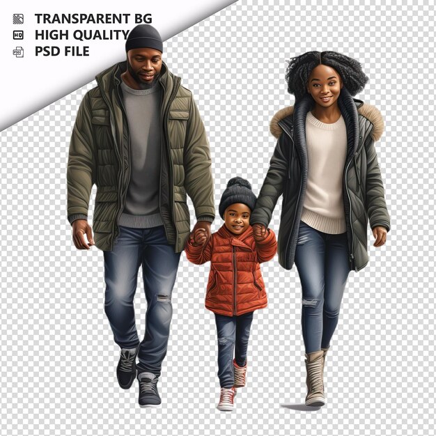 PSD black family walking ultra realistic style white backgrou