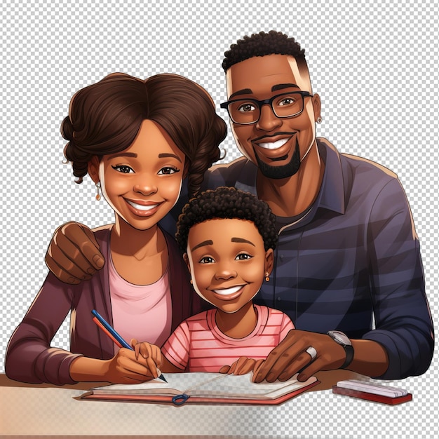 Black family writing 3d cartoon style transparent background is