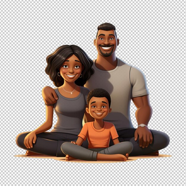 PSD black family yoga 3d cartoon style transparent background isola