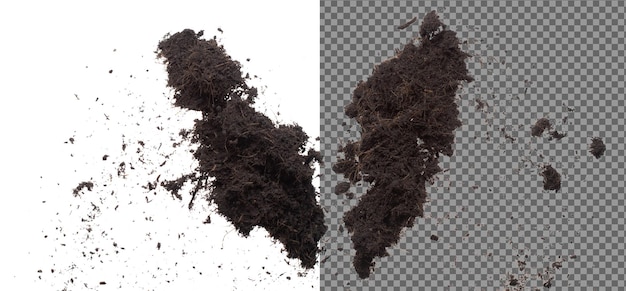 PSD black fertilize soil ready to planting good organic soils with root for garden farming fine detail of soil throw fly in air with dust dirty high speed freeze shot over white background isolated