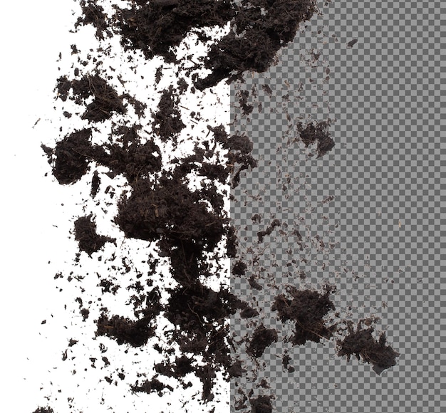 Black fertilize soil ready to planting good organic soils with root for garden farming fine detail of soil throw fly in air with dust dirty high speed freeze shot over white background isolated