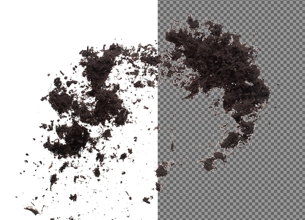 PSD black fertilize soil ready to planting good organic soils with root for garden farming fine detail of soil throw fly in air with dust dirty high speed freeze shot over white background isolated