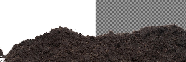 Nero fertilizzare il suolo pronto a piantare buoni terreni organici con radici per l'agricoltura di giardino pile set texture dettaglio del suolo con radici polvere sporca da vicino selettiva messa a fuoco su sfondo bianco isolato
