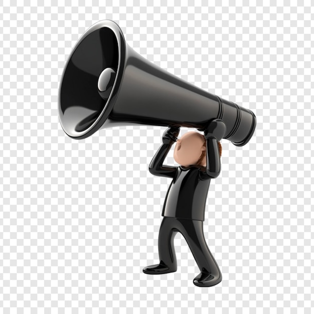 black figure holding a large black megaphone making an announcement loud speaker communication