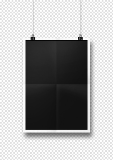 Black folded poster hanging on a white wall with clips