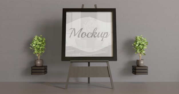 PSD mockup di cornice nera sul cavalletto. mockup per opere d'arte, logo. foto, ecc