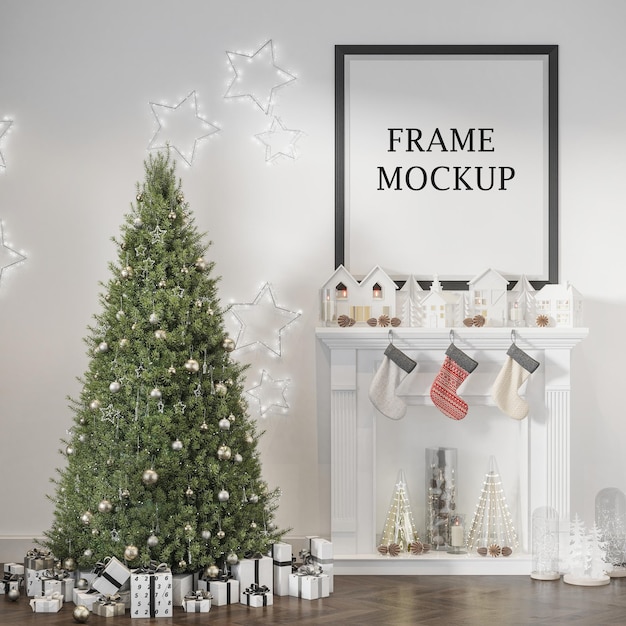 Black frame mockup in interior with fireplace and christmas tree