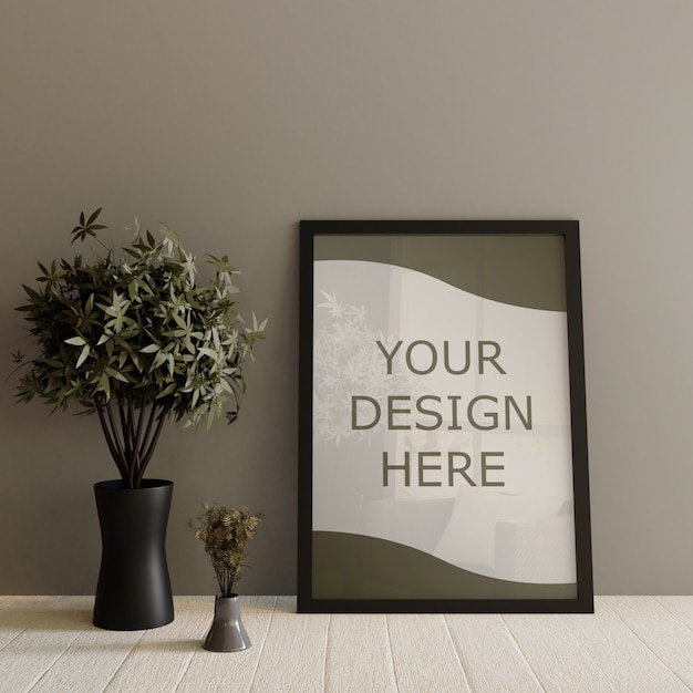 black frame mockup standing on wooden white floor with decorative plants