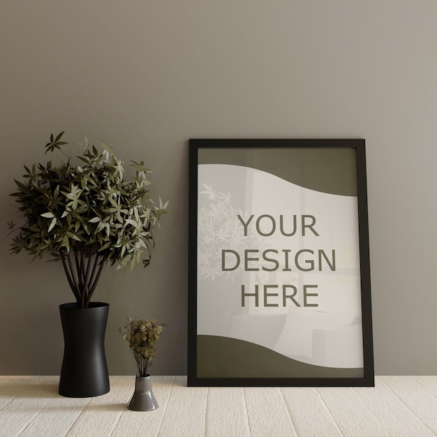 Black frame mockup standing on wooden white floor with decorative plants