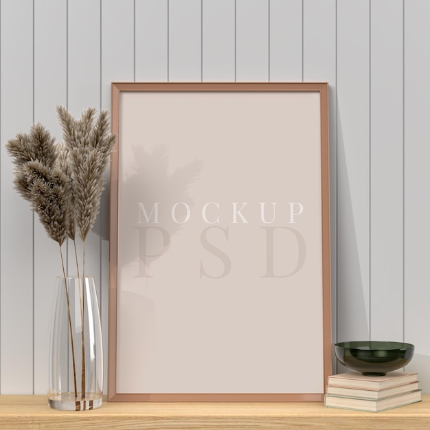 Black frame on shelf interior with plants and decorations mockup