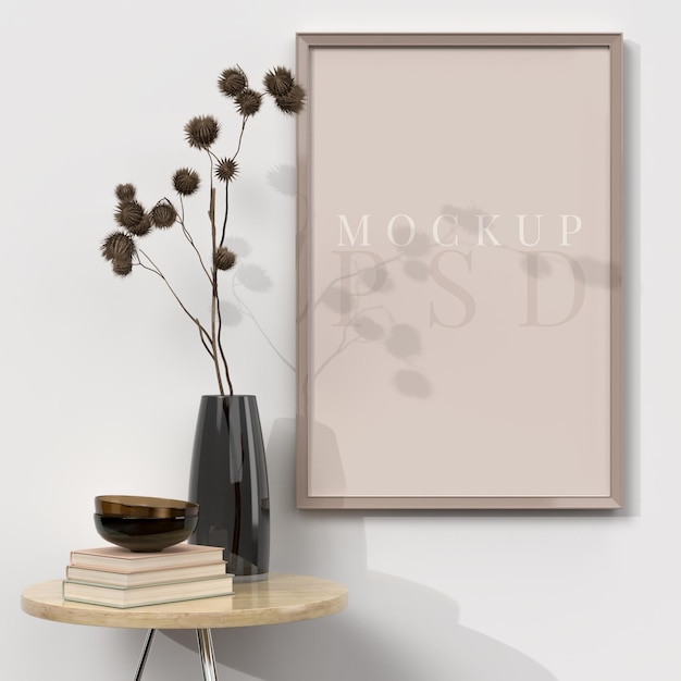 Black frame on shelf interior with plants and decorations mockup