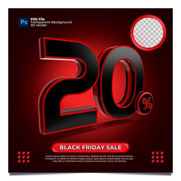 Черная пятница 20-процентная скидка на продажу 3d рендеринга с красным цветом