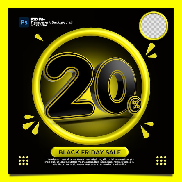 PSD venerdì nero 20 percentuale di sconto vendita 3d render con colore giallo