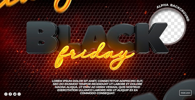 PSD black friday 3d logo with lights and black and orange instagram post in brazil