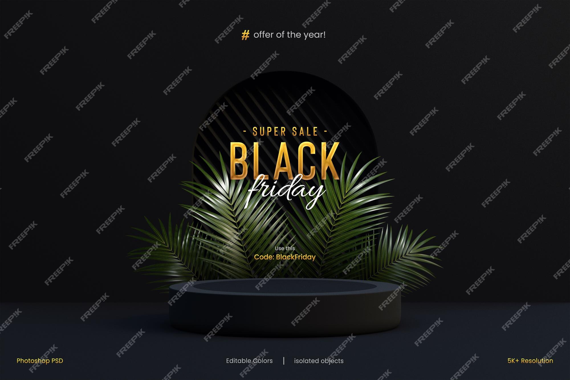 Premium PSD | Black friday 3d podium stand for product display with black  palm leaves on dark striped background