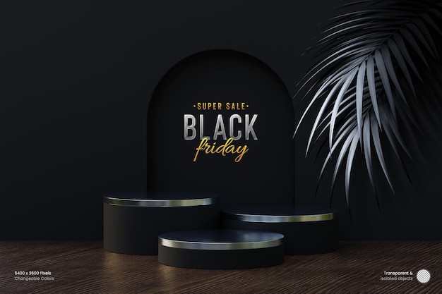 PSD black friday 3d silver podium for product display with silver palm leaves on dark background