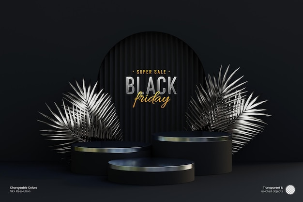 Black friday 3d silver podium stand for product display with silver palm leaves on dark background