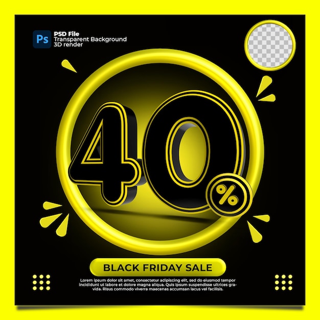 Черная пятница скидка 40% распродажа 3d визуализации с желтым цветом