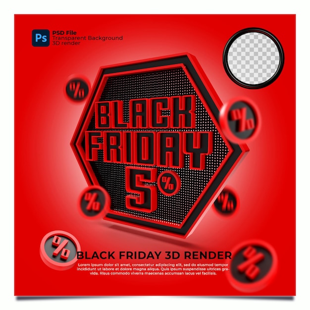 Venerdì nero sconto 5% vendita 3d render con colore rosso esagonale ed elementi