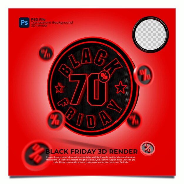 Black friday 70 percentage discount sale 3d render with circle red color and elements