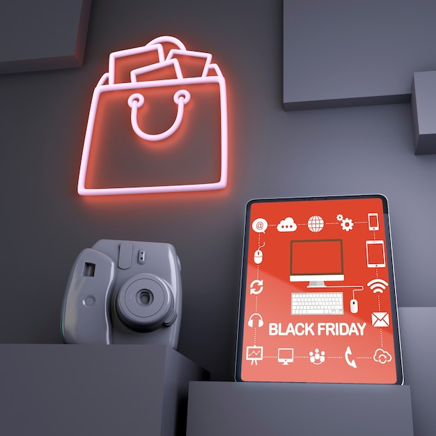 PSD venerdì nero sfondo con tablet mock-up e luci al neon rosse