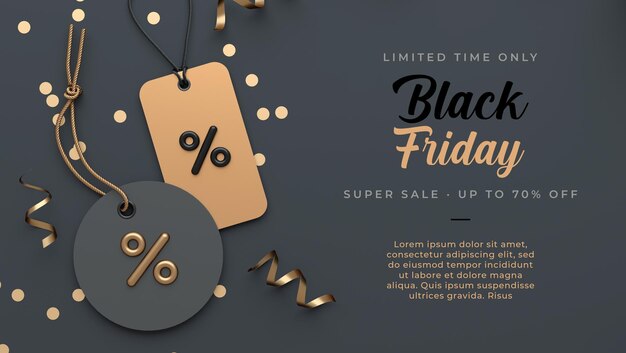 PSD black friday banner background template with two tags and copy space in flat lay 3d rendering